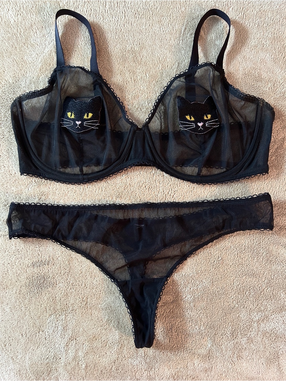 Adore Me Black Cat Sheer Embroidered Bra and Panty Set